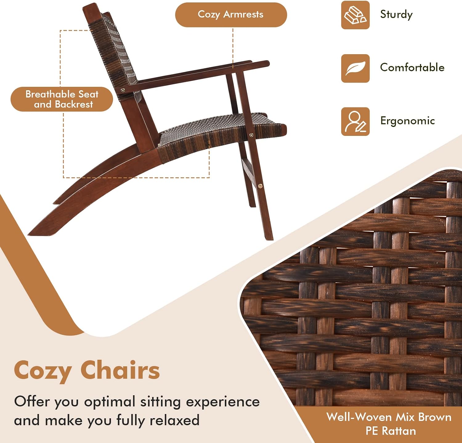 HAPPYGRILL 3 Piece Patio Conversation Set Eucalyptus Wood Chair with Rattan Wicker Back & Seat, Ergonomic Curved Design, Patio Bistro Set with Compact Coffee Table for Poolside Backyard Garden