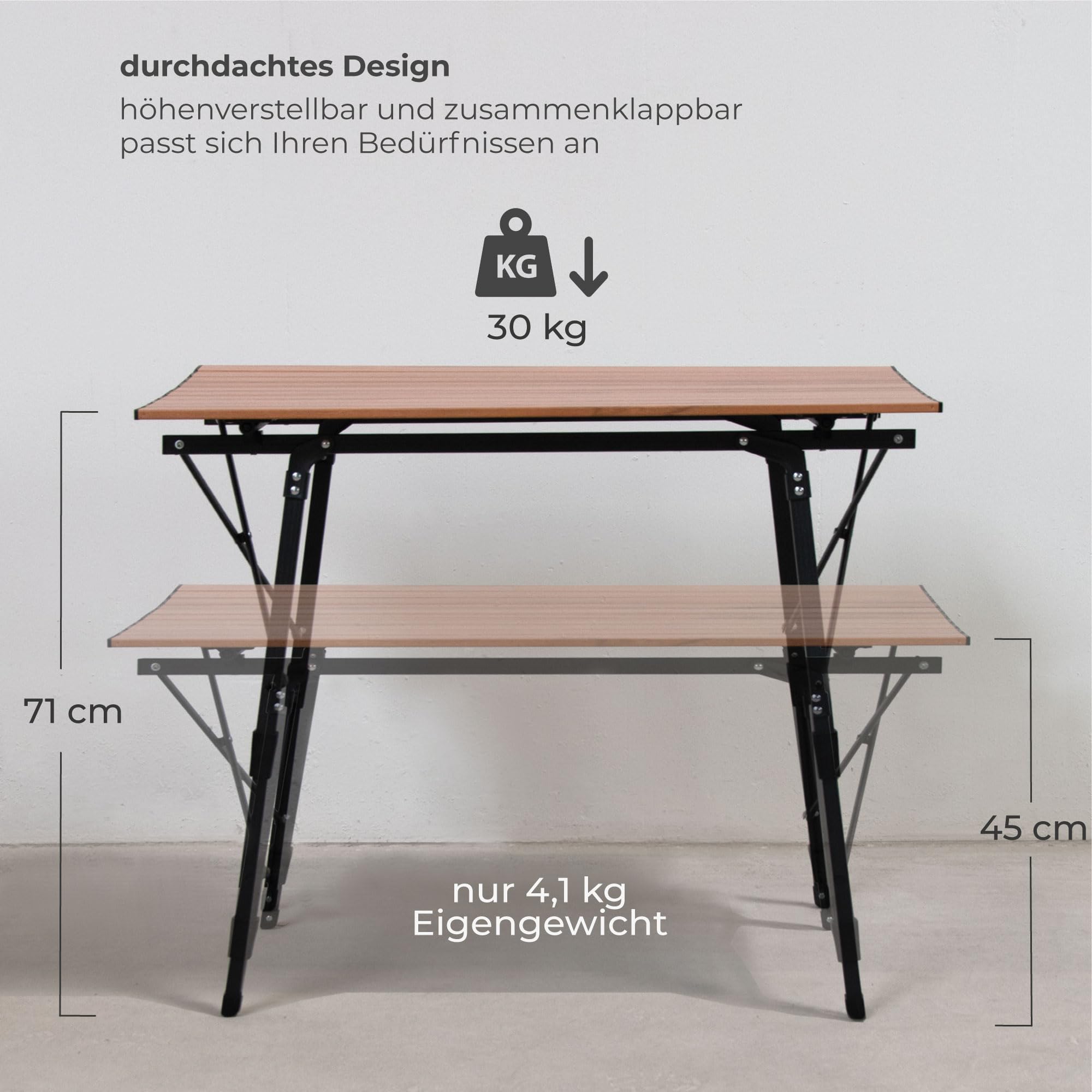 osoltus Campingtisch Fjord höhenverstellbar Aluminiumgestell | Klapptisch Holzoptik-Tischplatte 90cm x 59cm x 45-71 cm höhenverstellbar