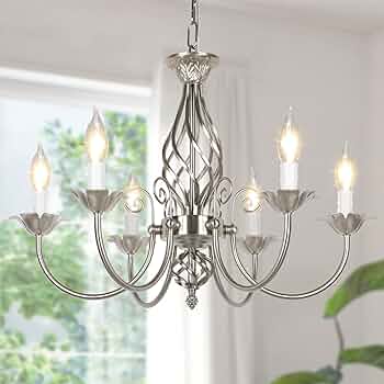 6-Light Farmhouse Candle Chandelier for Living Room, Rustic Industrial Pendant Ceiling Light fixture, Brushed Nickle Modern Ceiling Hanging Lamp for Bedroom Hallway Kitchen Dining Room Foyer, E12 Base