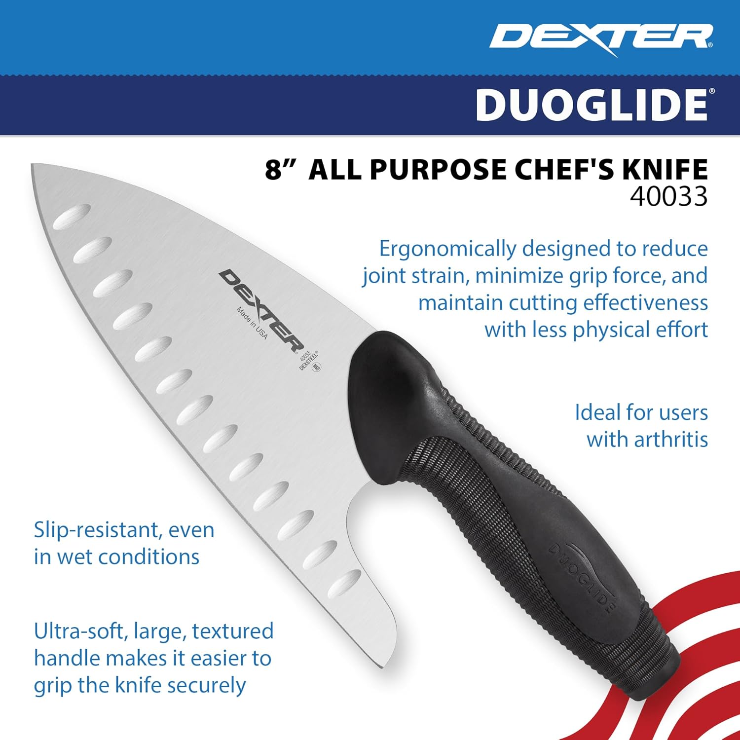 Dexter-Russell 8" DuoGlide All Purpose Chef's Knife | 40033 | Ergonomic Textured Handle for Comfort & Control | Sharp High-Carbon Stainless Steel Blade | Made in USA