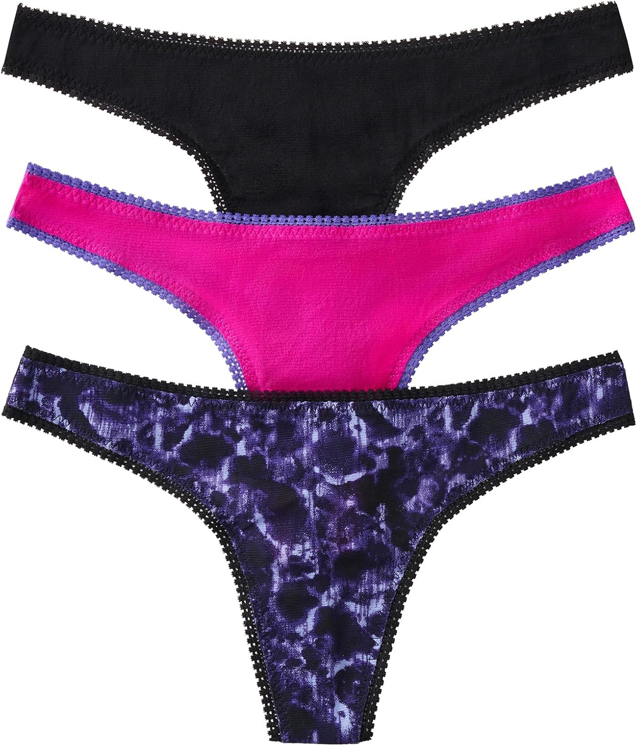 OnGossamer Women's Intimate Apparel Mesh Low-Rise Thong Panty, Black/Deep Fuchsia/Marble Sea, XS/S