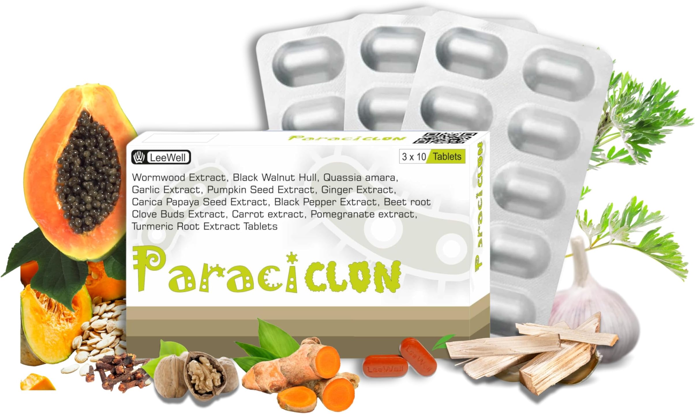 Paraciclon Ayurvedic Body Detox, Cleanse, Purification, Detoxification Support | Helps Reduce Heavy Metals, Infections, Residues, Flush Toxins & Harmful Microbes | Wormwood, Black Walnut Hull & Quassia Amara | Garlic, Pumpkin Seed, Papaya Seed & Spice Extract Blend - 30 Tablets