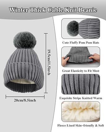 Winter Beanie Hat Scarf Gloves Set for Women, Fleece Knit Pompom Beanie Neck Warmer Long Scarf Touchscreen Gloves 3 in 1 Set
