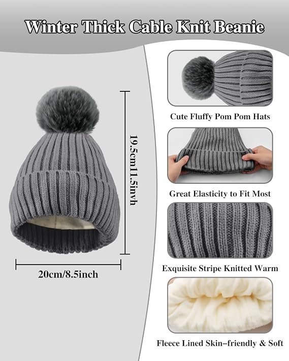Winter Beanie Hat Scarf Gloves Set for Women, Fleece Knit Pompom Beanie Neck Warmer Long Scarf Touchscreen Gloves 3 in 1 Set