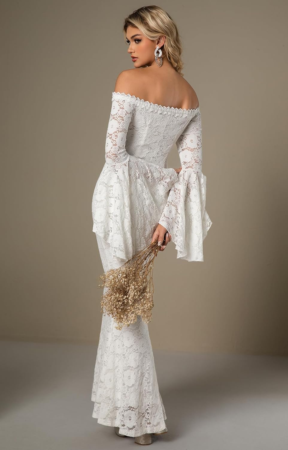 HOYISHION Women's Off The Shoulder Floral Lace Maxi Dress White Bridesmaid Wedding Party Maternity Photoshoot Long Dresses - Image 3