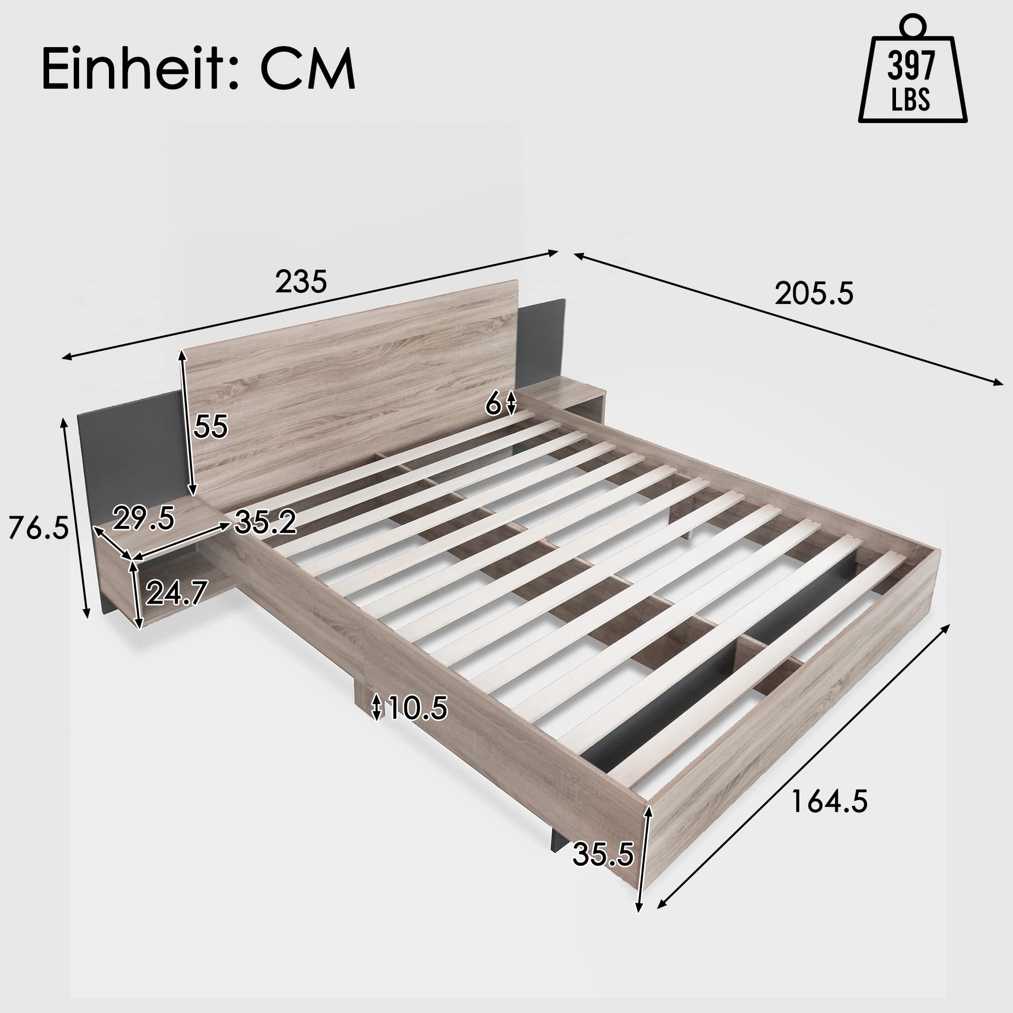 Holzbett Doppelbett Bettanlage mit 2 Nachtkommoden, 160 x 200 cm Modernes Bett mit Lattenrost und Kopfteil, Schlafzimmer Komplett Set in Eiche & Dunkelgrau, für Erwachsene & Jugendliche