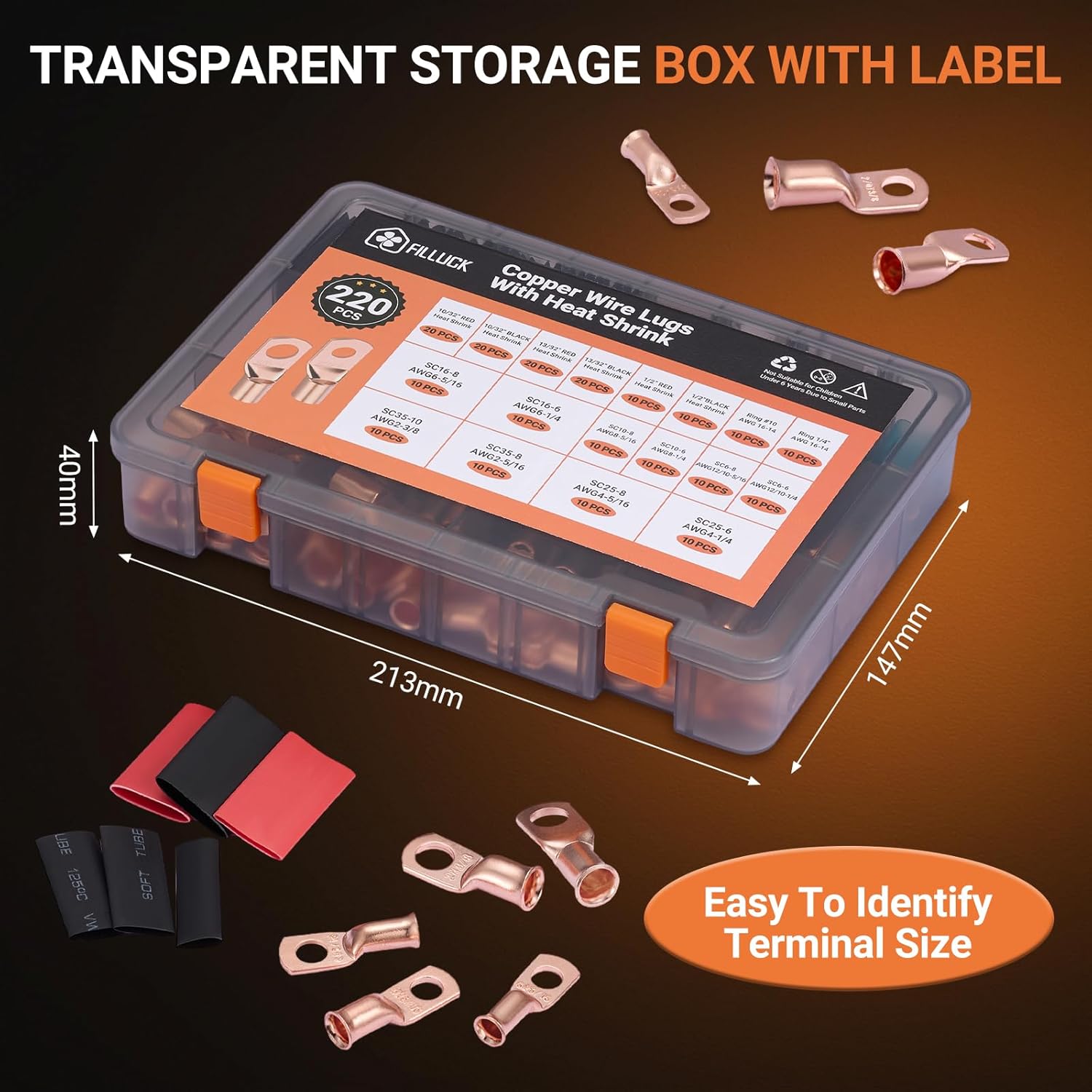 220pcs Battery Cable Ends Kit,AWG 2/4/6/8/12 Copper Lugs,Heavy Duty Wire lugs, Ring Terminal Connectors with 3:1 Heat Shrink Tube & Storage Box