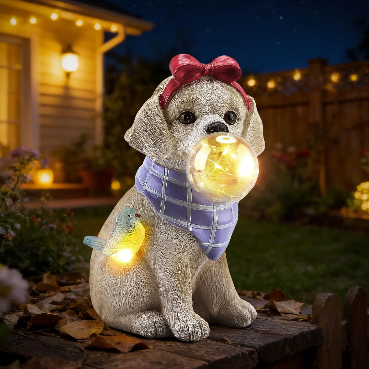 9.4" Solar Dog Garden Statue with Bubble Light, Cute Sitting Puppy Resin Outdoor Decor with Bird Light, Waterproof Solar Powered Animal Statue for Yard, Lawn, Garden