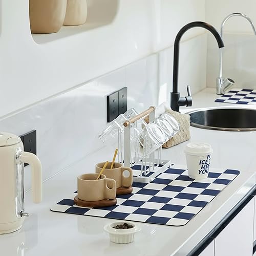 Miniatura 14 de Tapete de secado de platos a cuadros para encimera de cocina, accesorios de estación de cafetería, estética, retro, moderna, absorbente, tapete