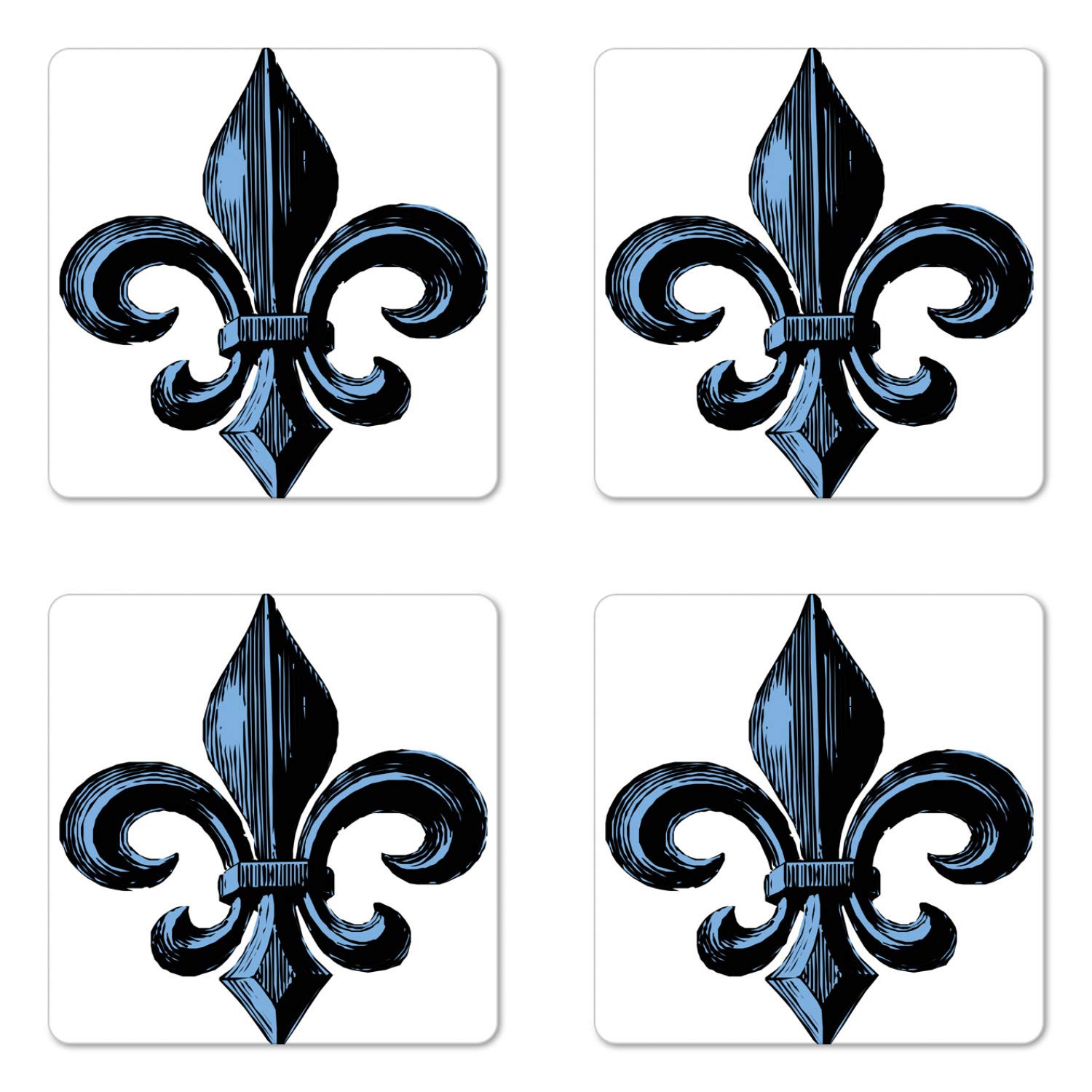 Ambesonne Fleur De Lis Coaster Set of 4, Antique Victorian Motif Closeup with Digital Grunge Effects French, Square Hardboard Gloss Coasters, Standard