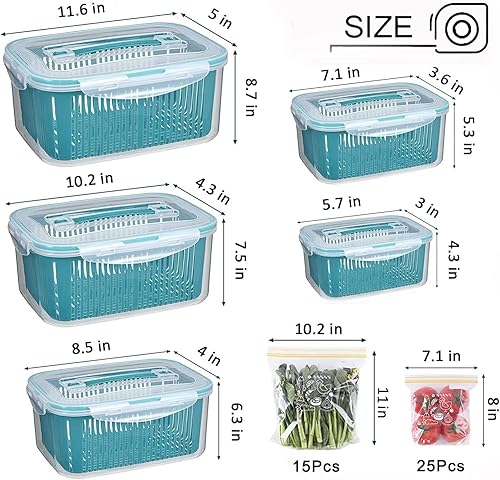 Miniatura 2 de LMHEJING 5 paquetes de contenedores para nevera con 40 bolsas de almacenamiento de alimentos contenedores de almacenamiento de frutas para nevera