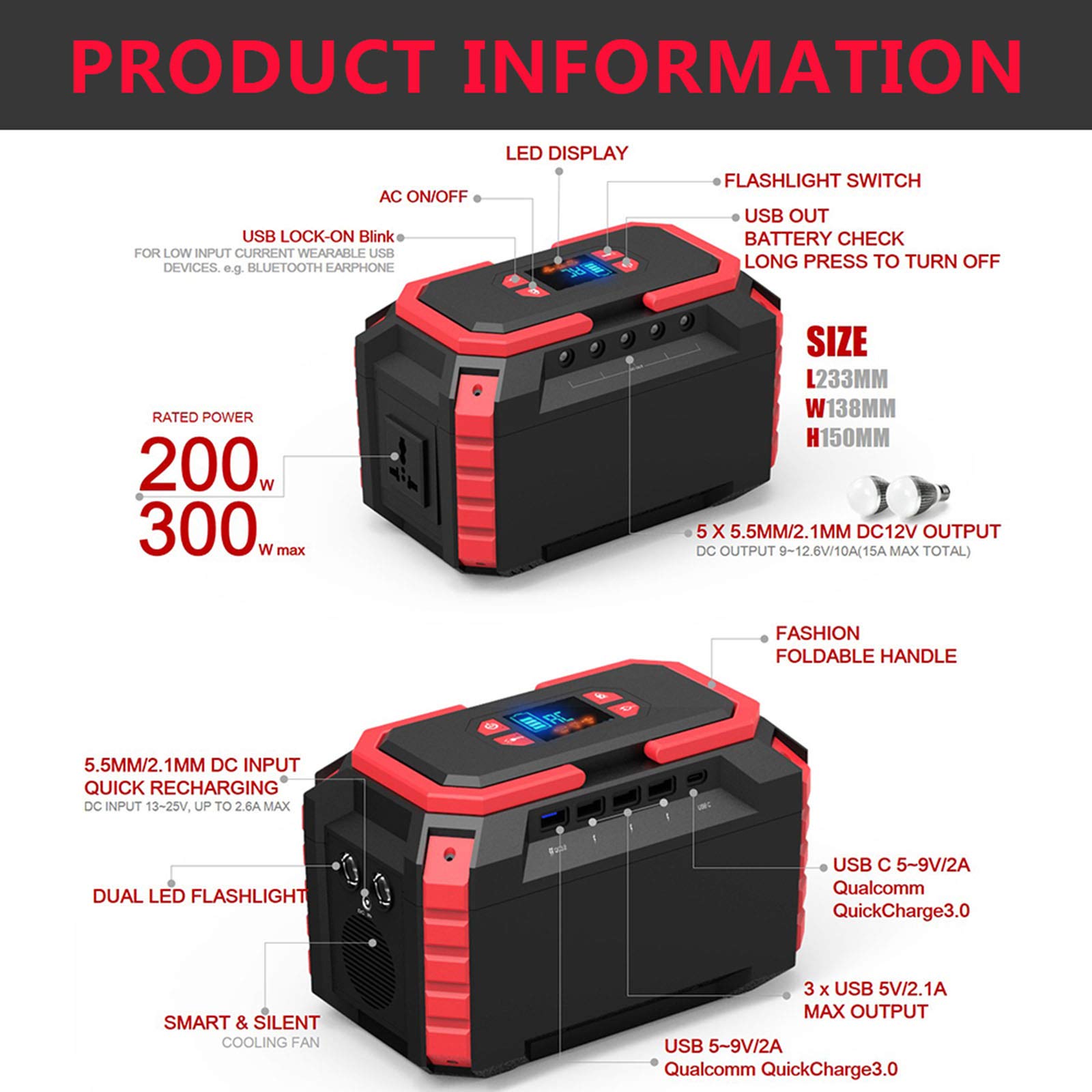 TIM-LI Estación de energía portátil 200W 60000mAh, batería de Litio CPAP con luz DC/USB/AC/SOS para emergencias de RV para Acampar al Aire Libre