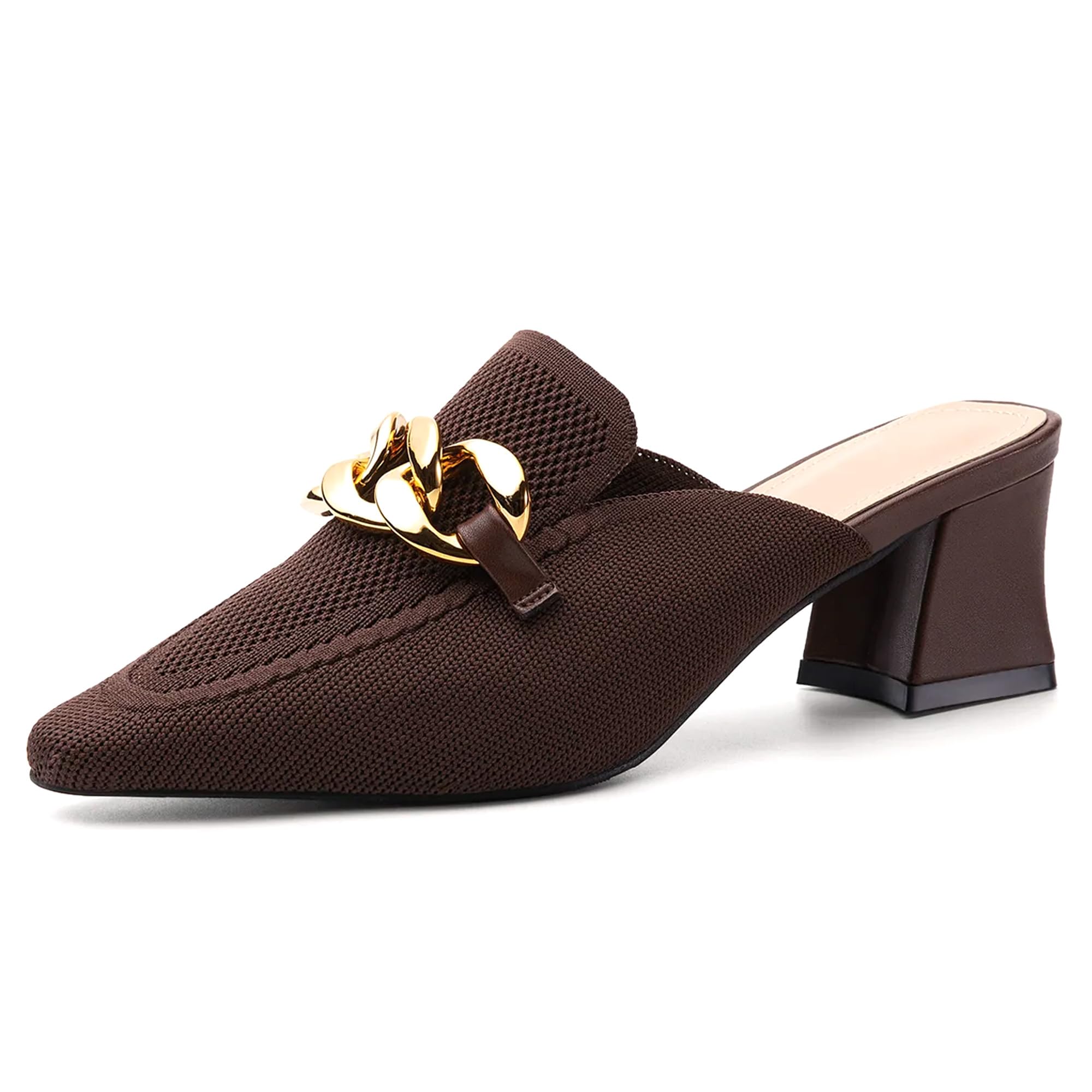 NEWBELLA Heeled Mules Shoes for Women Mousse Knit Pointed Toe, Elegant Comfortable Stylish Mesh Heels Eye-catching Chain for Casual Formal