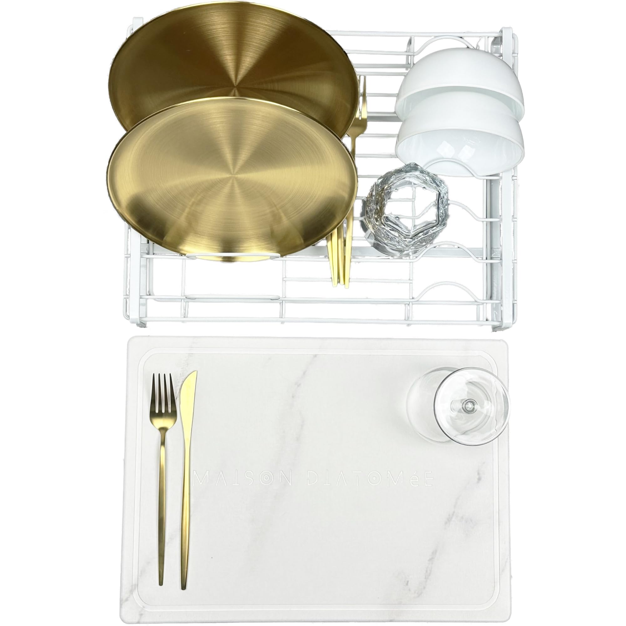 Maison DIATOMEE Stone Drying Mat for Kitchen Counter Bundle, Stainless Steel White Rack, Dish Over Sink Fast Drying Super Absorbent Diatomaceous Earth Marble Board (15,63x12,13)