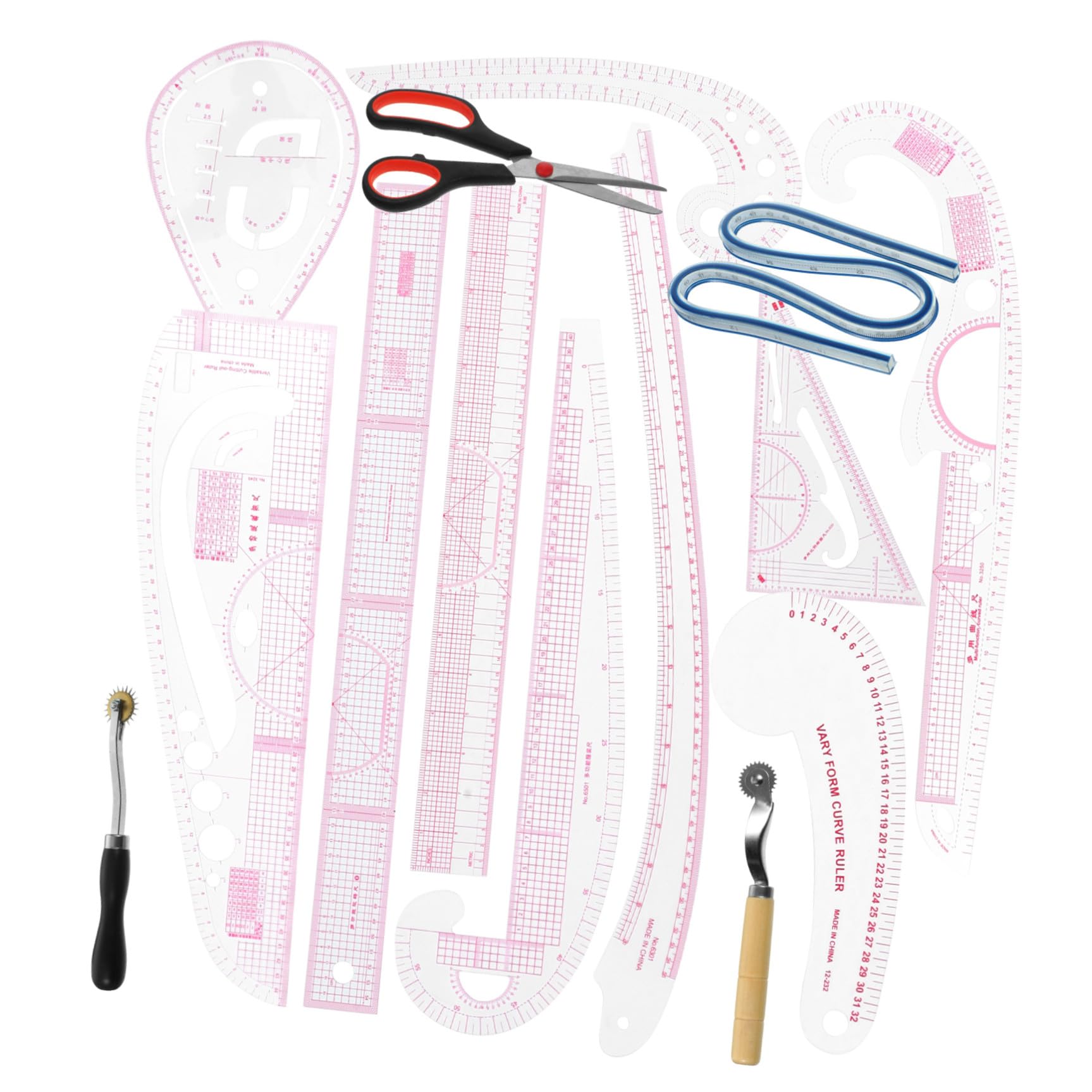 Tofficu Nählineal für Präzises Schnittmustererstellen aus Pvc und Edelstahl 14 Stück mit Kurvenmuster Lineal und Werkzeug zum Nähen für Anfänger und Designer