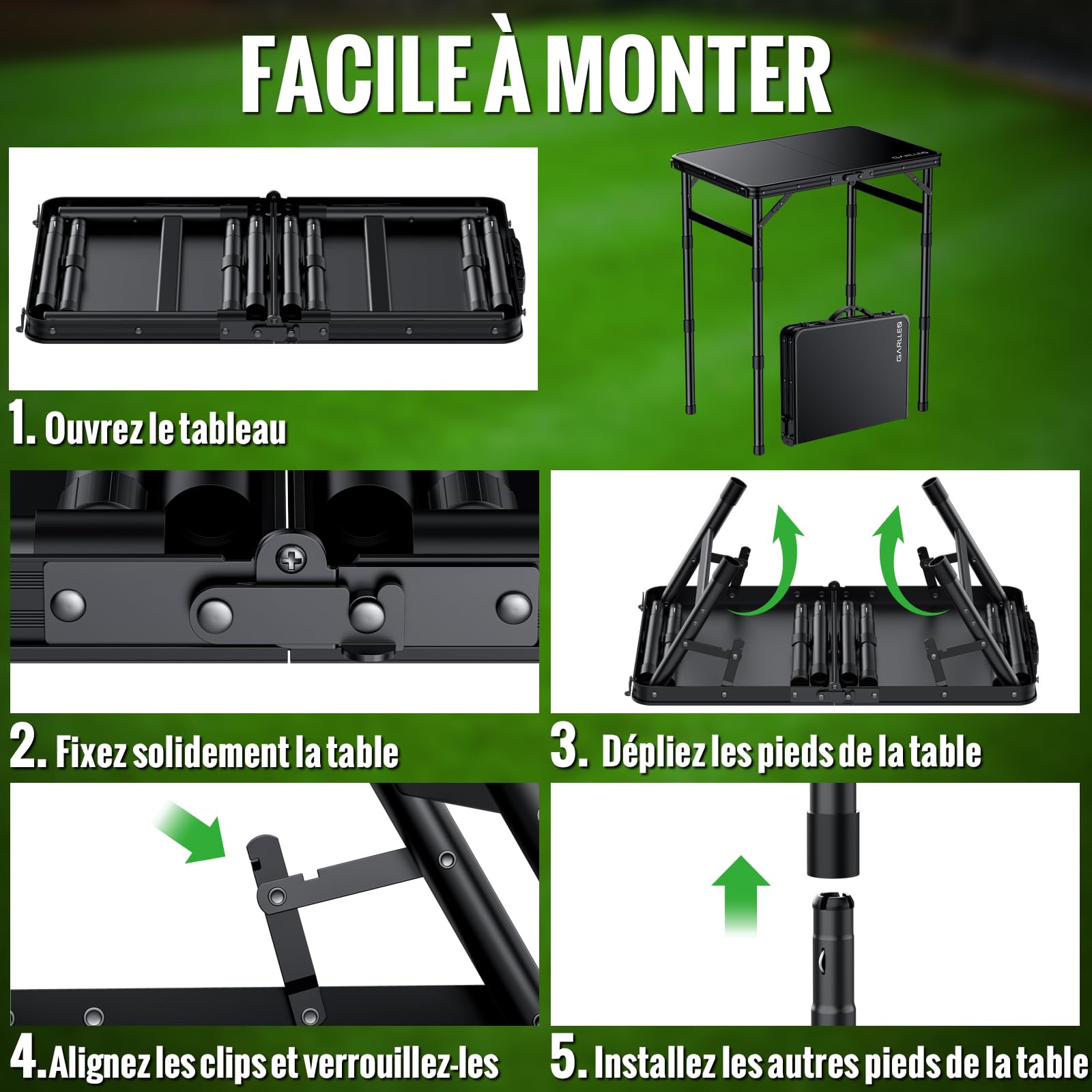GARLLEN Table de Camping Pliante avec Plateau en Plastique imperméable, Table de Pique-Nique Portable avec 3 hauteurs réglables, Cadre en Aluminium, Table d'extérieur pour Barbecue, Camping | Table Pliante Exterieur à 3 Hauteurs Réglables,Table de Pique-n