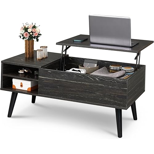 WLIVE Wood Lift Top Coffee Table with Hidden Compartment and Adjustable Storage Shelf, Lift Tabletop Dining Table for Home Living Room, Office, Charcoal Black