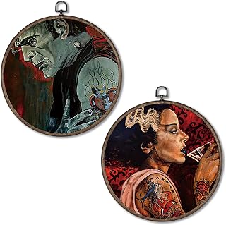 Giosve Vintage Gothic Tattoo-Inspired Frankenstein and Bride of Frankenstein Round Wall Art Canvas Framed Poster, Gothic Horror Monster Movie Hanging Wall Sculptures for Home Bar Man Cave Decor, 10x10 Inch
