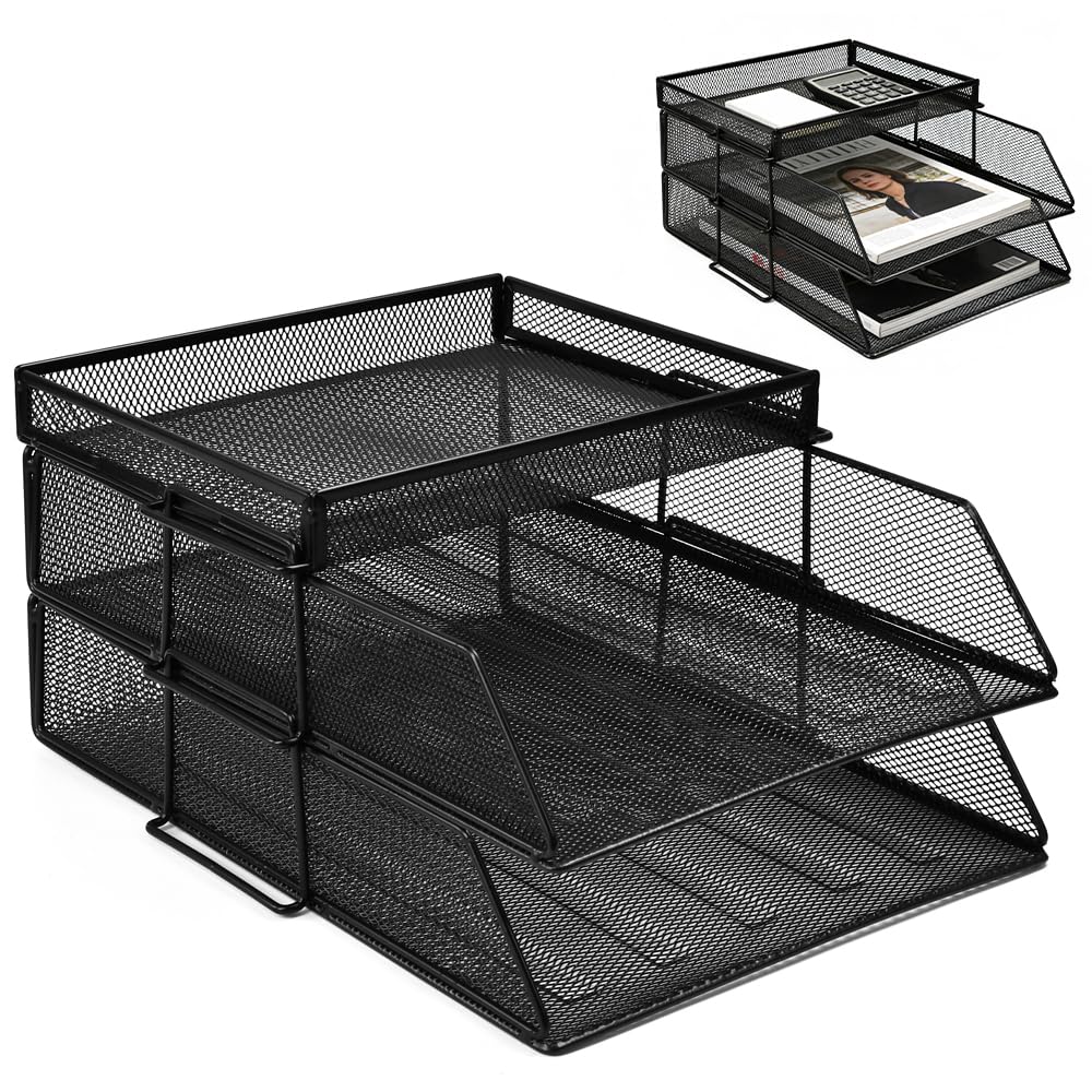 Bandeja Organizador Documentos de 2 Niveles, Bandeja Malla Metalica, Organizador de Archivos de Escritorio, Clasificador de Papeles A4, Correo, Cartas y Carpetas, Bandejas Apilables Oficina