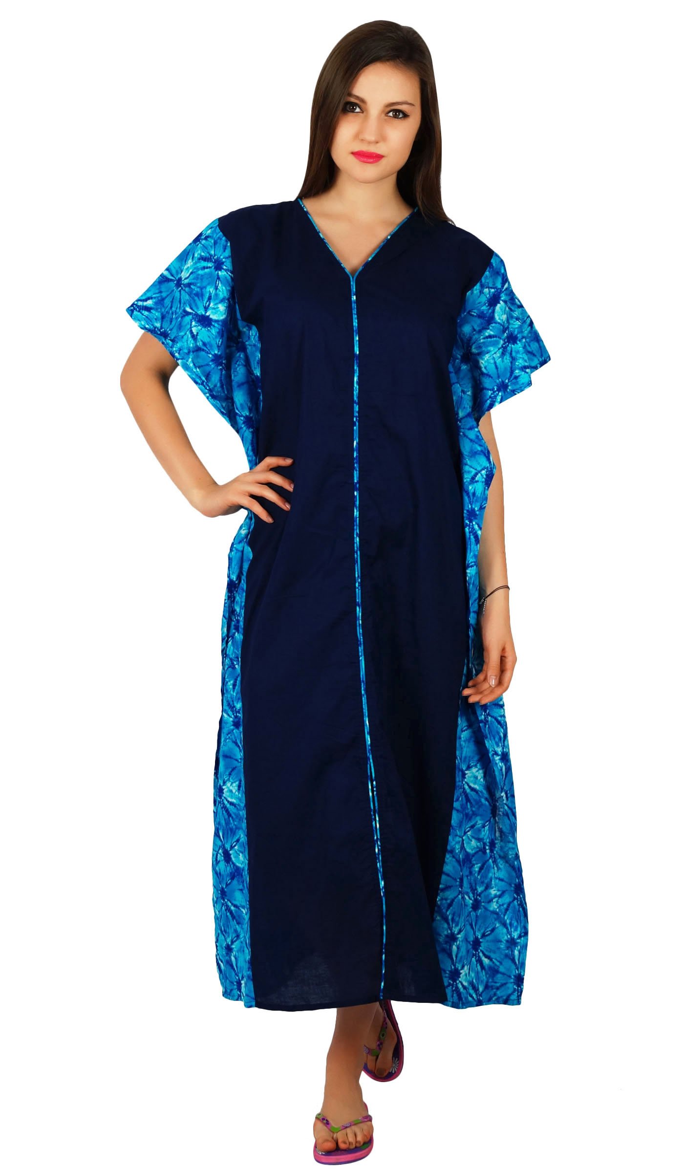 Bimba Women's Blue Cotton Kaftan Long Pannel Kimono Caftan Elastic Waist Night Wear