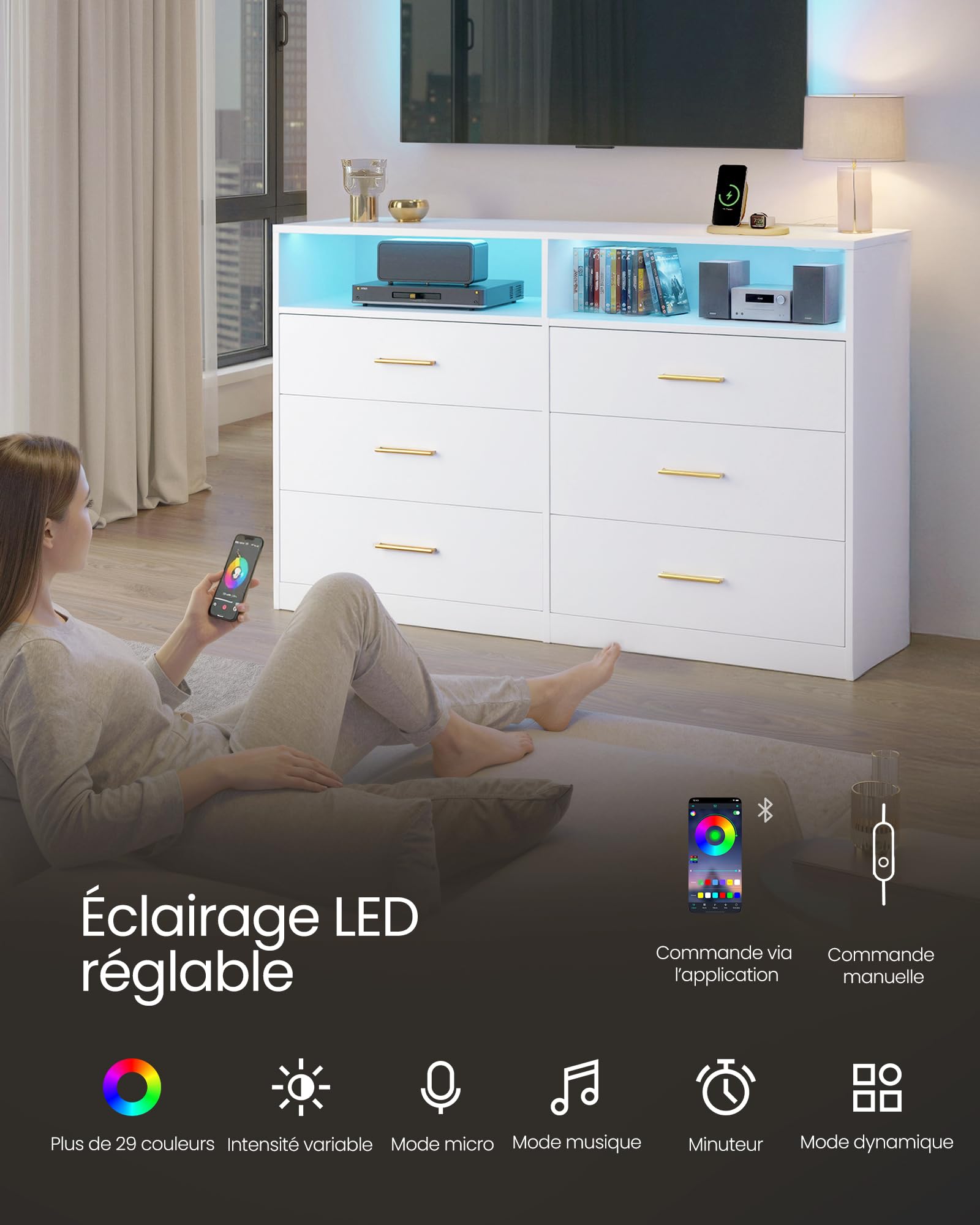 VASAGLE Custos Collection - Commode avec Éclairage LED et Multiprise Intégrée, Armoire de Rangement Moderne, pour Salon, Chambre, 6 Tiroirs, 40 x 119 x 81,2 cm, Blanc Nuage LTS316WB01