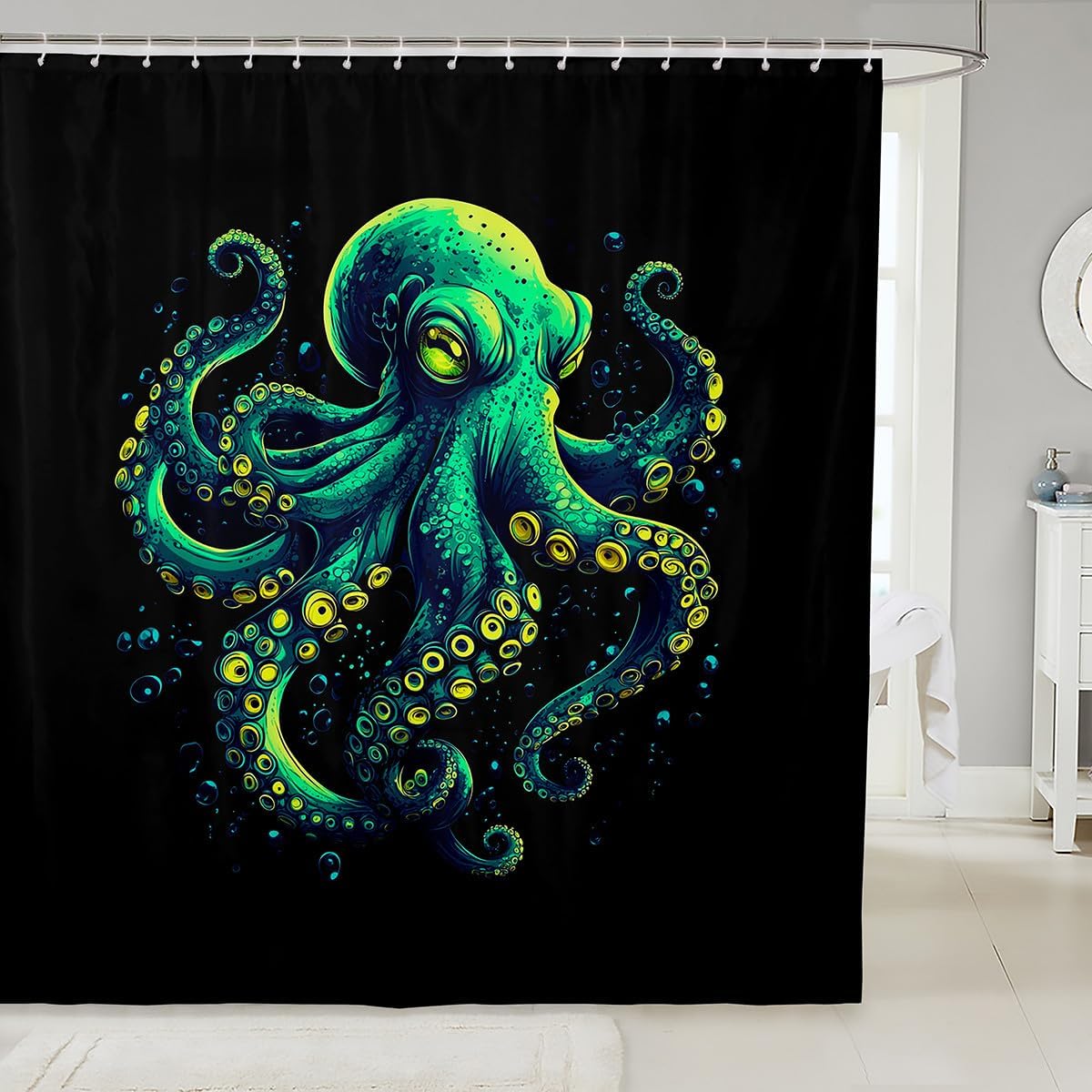 jejeloiu Kids Green Octopus Bathroom Accessories Ocean Kraken Bath Curtain Boys Girls Tentacles Shower Curtain Teens Bedroom Decor 72"x84"