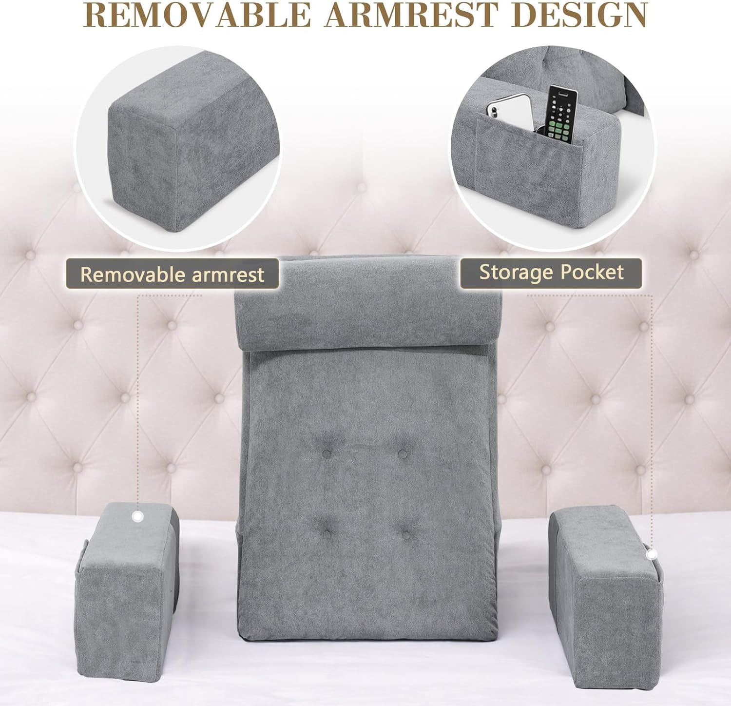 Tanyoo Bed Pillow for Sitting Up in Bed, 25” Ergonomic Reading Pillow with Adjustable Headrest & Arms, Dual Layer Memory Foam Back Pillow, Soft Plush Cover, Back Rest for Reading, TV, Gaming Dark Grey