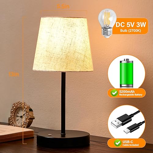 Miniatura 5 de BOHON Lámpara de mesa inalámbrica recargable, lámpara integrada de 5200 mAh, lámpara LED de noche de noche, atenuación continua al tacto, lámparas