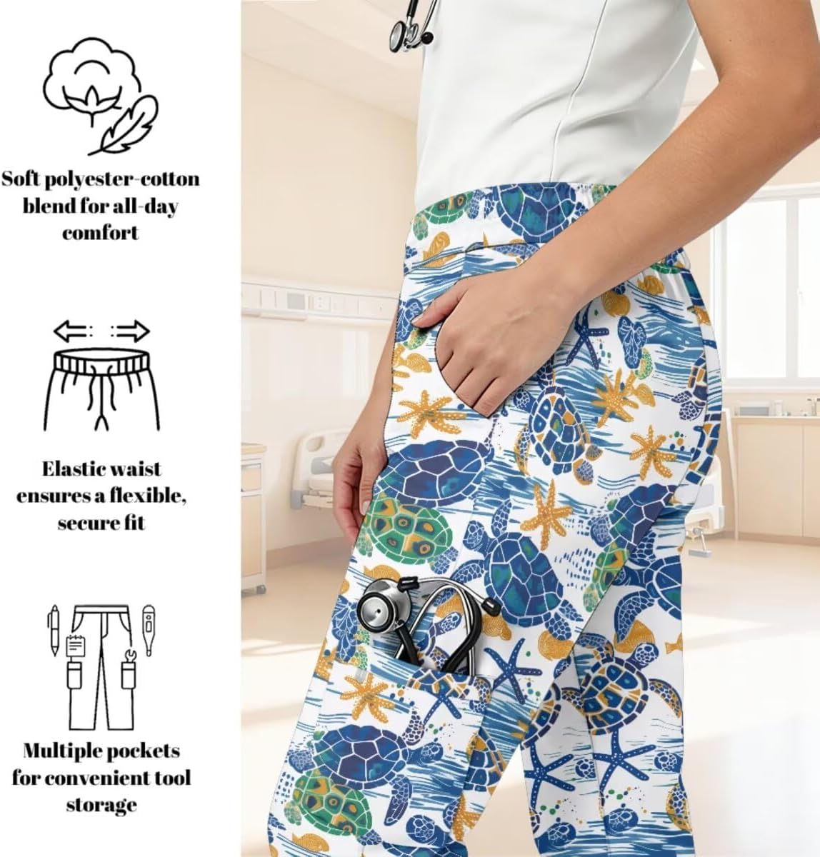 3Pcs Women's Scrubs Set with Scrub Pants Caps Cute Printed V Neck Tops Soft Casual Nurse Uniform With Pocket