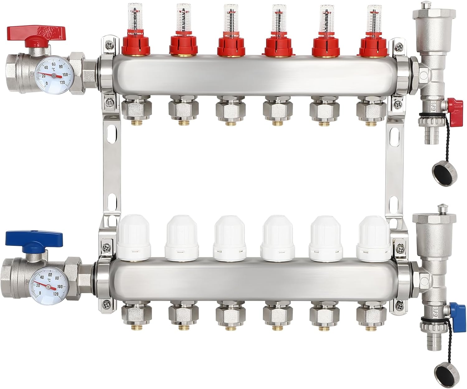 FAHKNS Radiant Heating Manifold, 6 Branch Pex Manifold with 1/2" Adapters for Hydronic Radiant Floor Heating Stainless Steel heating manifold Set 6 Loop