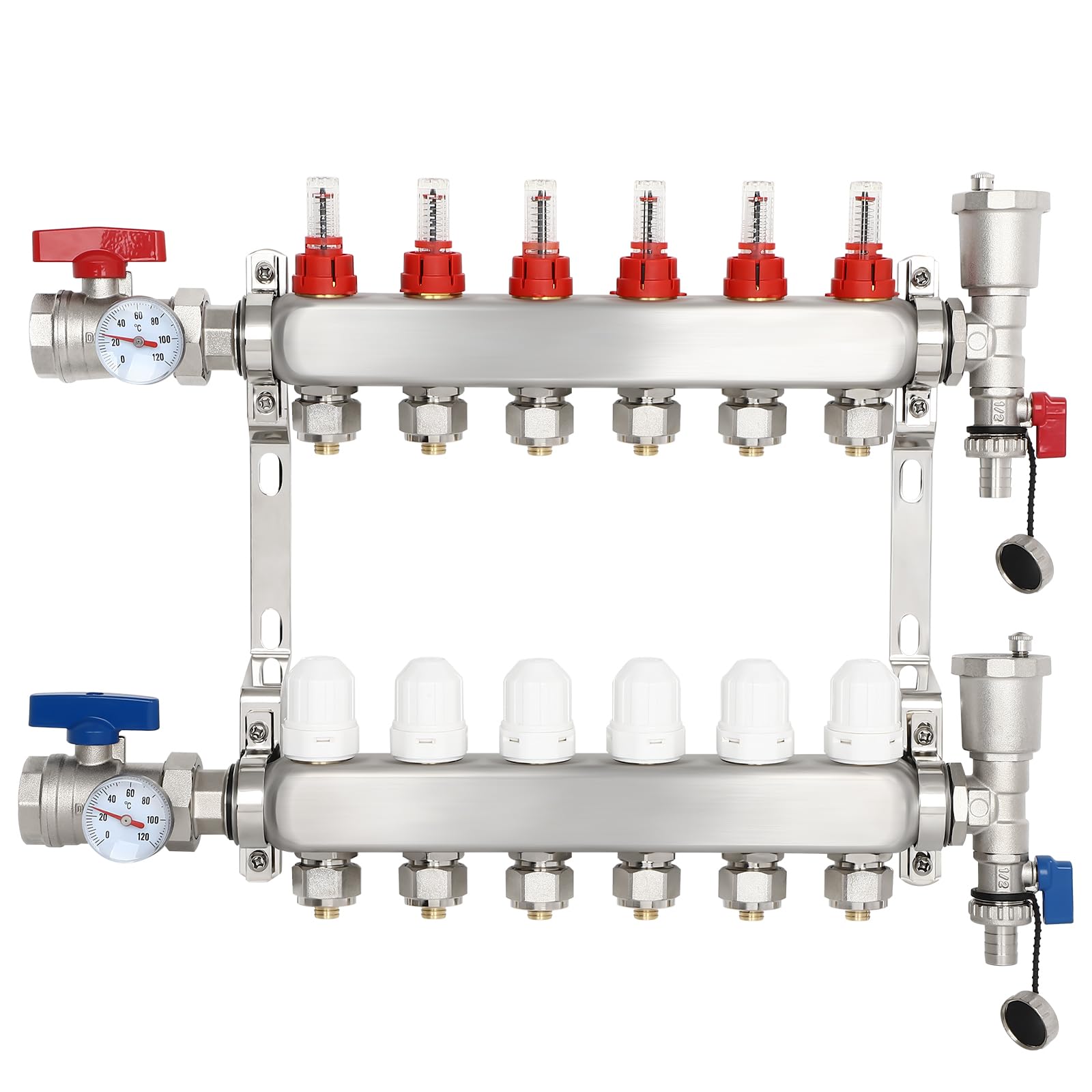 FAHKNSRadiant Heating Manifold, 6 Branch Pex Manifold with 1/2" Adapters for Hydronic Radiant Floor Heating Stainless Steel heating manifold Set