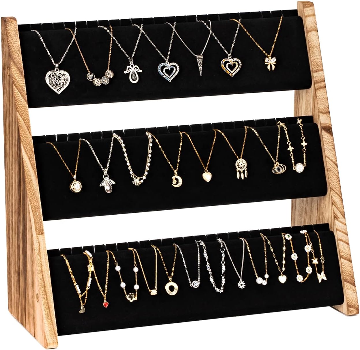 Necklace Stand, 3-Tier Necklace Holder Jewellery Organiser Stand with Velvet, Wood Necklace Jewellery Display Stand for Selling, Necklace Organiser for 72 Necklaces Bracelets (Rustic Brown)