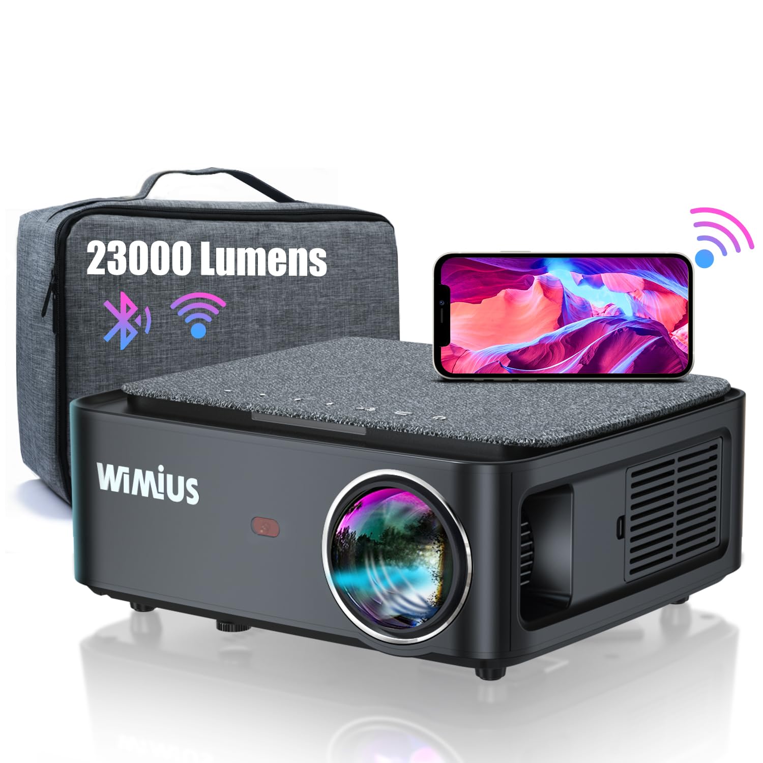 Proyector WiFi Bluetooth 4K Soporte, 35000 Lúmenes WiMiUS Proyector WiFi Bluetooth Full HD 1080P Nativo Ajuste Digital 4P/4D, Zoom 50% Proyectors Portátil Cine en Casa 300” para PPT,PS5,TV Stick HDMI