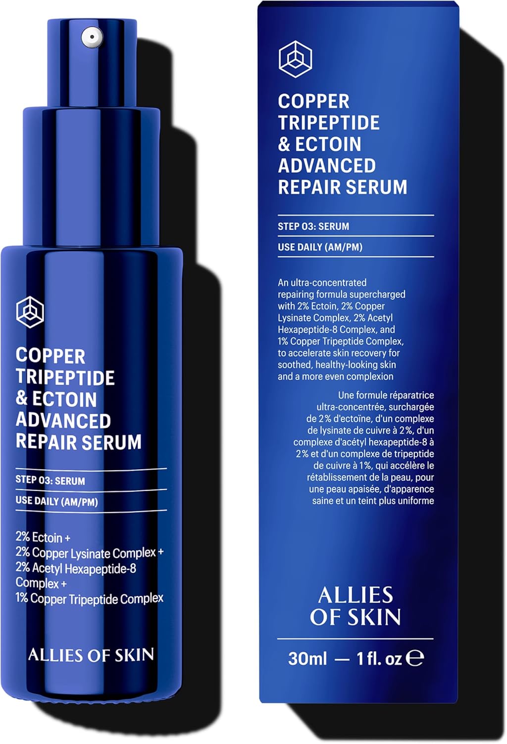 ALLIES OF SKIN – COPPER TRIPEPTIDE & ECTOIN ADVANCED REPAIR SERUM with 2% Ectoin, 2% Copper Lysinate Complex, 2% Acetyl Hexapeptide-8 Complex, and 1% Copper Tripeptide Complex 30ml / 1 oz