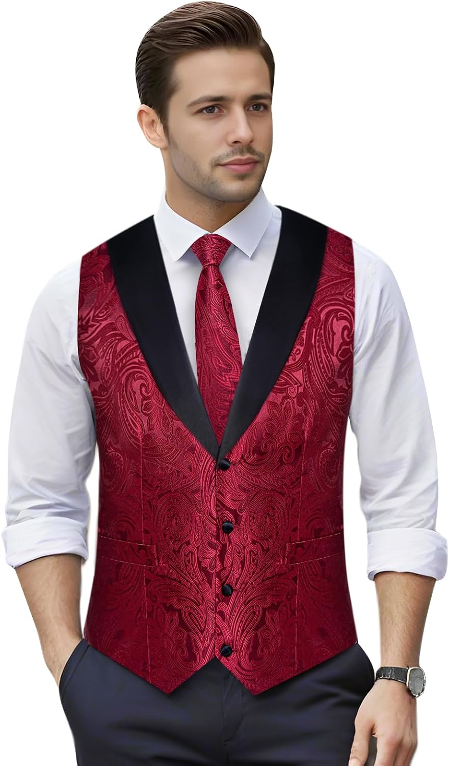 DiBanGu Mens Paisley Suit Vest Silk Jacquard Waistcoat and Necktie Set Formal Shawl Collar Dress Vest 7PCS for Wedding Party