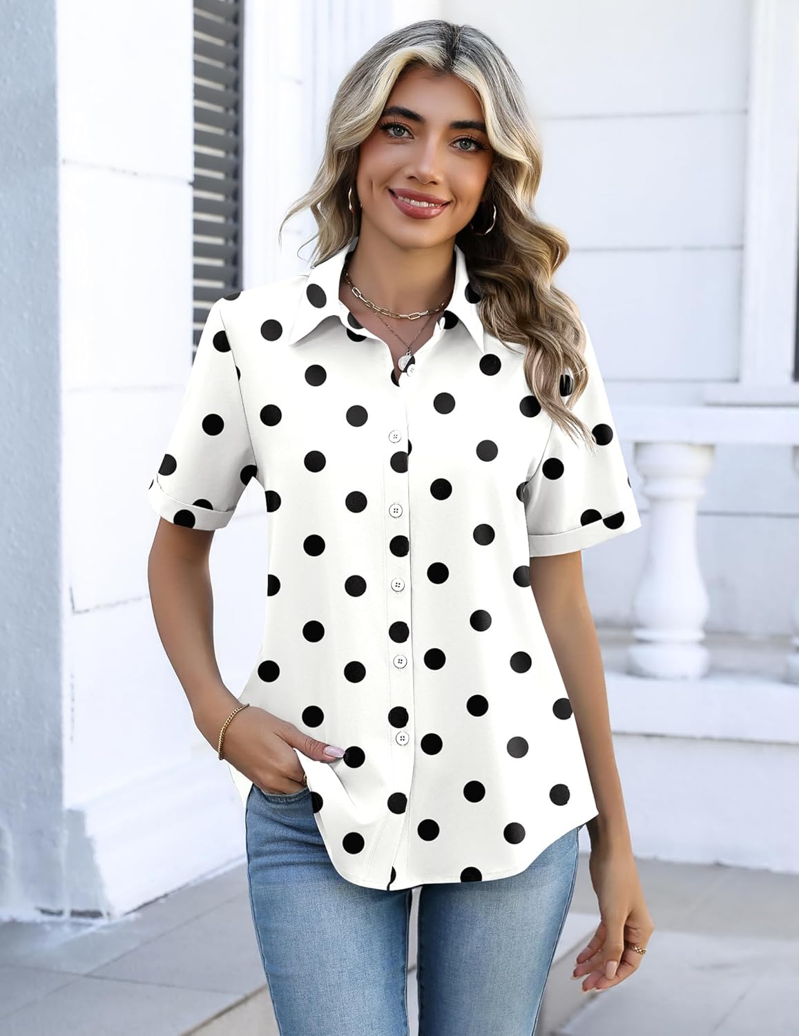 Zeagoo Button Down Shirts for Women Short Sleeve Collared Tops Dressy Casual V Neck Blouses - Image 5