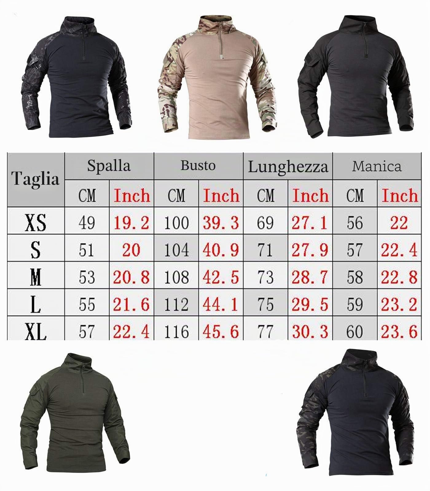 Camicia a maniche lunghe tattica militare da uomo T-shirt da combattimento da caccia traspirante ad asciugatura rapida Top da esterno 1/4 con zip anteriore camuffamento camicie softair