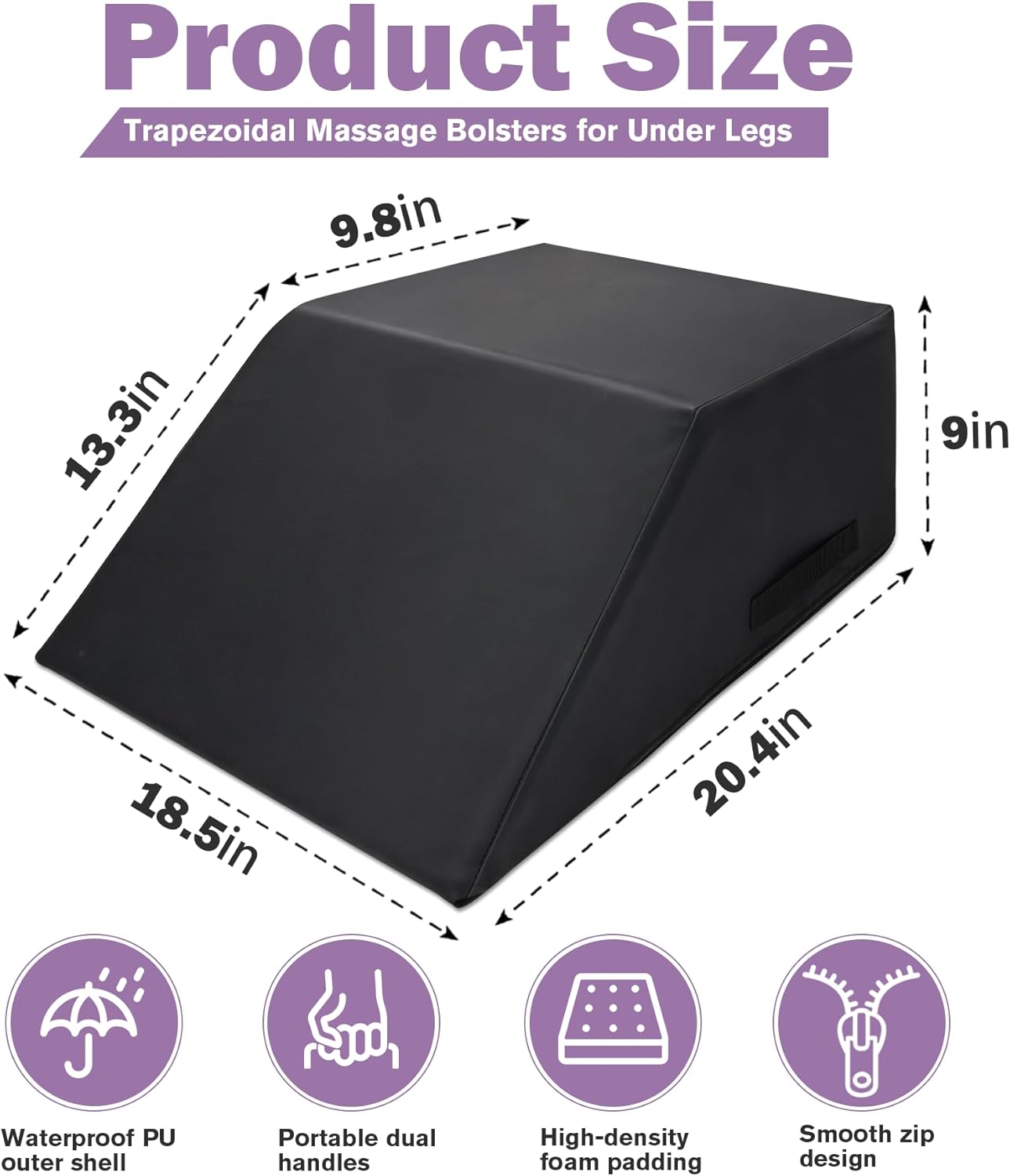 Massage Table Bolster Pillow for Leg Support, Durable 30D Foam with Easy-Clean PU Cover,Trapezoidal Elevating Leg Wedge for Physical Therapy 20.4 x 18.5 x 9 Inch(Black)