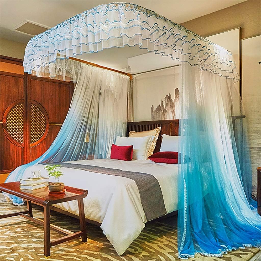 Generic Luxury Bed Canopy,4 Corner Curtain Canopy for Adults Princess Lace Canopy Net, Bed Frame Drapes for Full Queen King Size Beds,Easy Installation, Blue