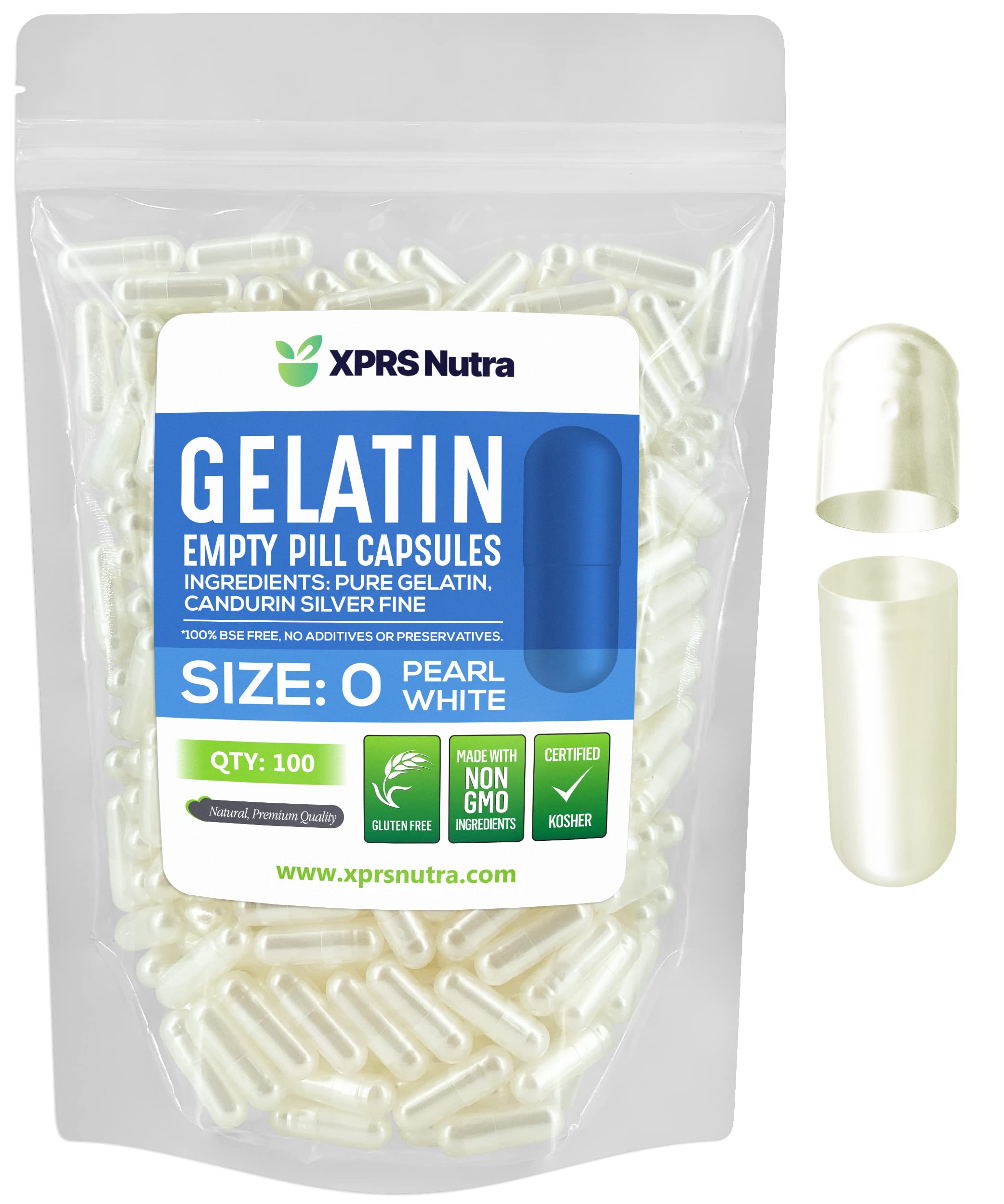 XPRS Nutra Size 0 Empty Capsules - 100 Count Empty Gelatin Capsules - Pills DIY Capsule Filling - Pure Bovine Pill Gel Caps for Do-It-Yourself Supplements (Pearl White) 100 Count (Pack of 1) Pearl White
