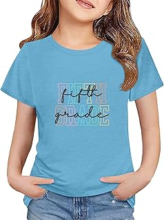 Camiseta de manga corta con cuello redondo para niñas, diseño escolar, ligera, bonita camiseta de algodón con estampado gráfico, ropa casual de verano, azul claro, 4-5 años
