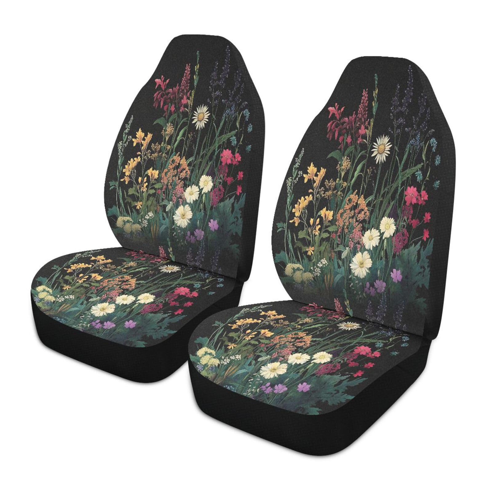 WELLDAY Wildflowers Black Car Seat Covers Universal Non-Slip Auto Car Seat Cover Breathable Stain Resistant Vehicle Seat Cover for Cars, Vans, SUV