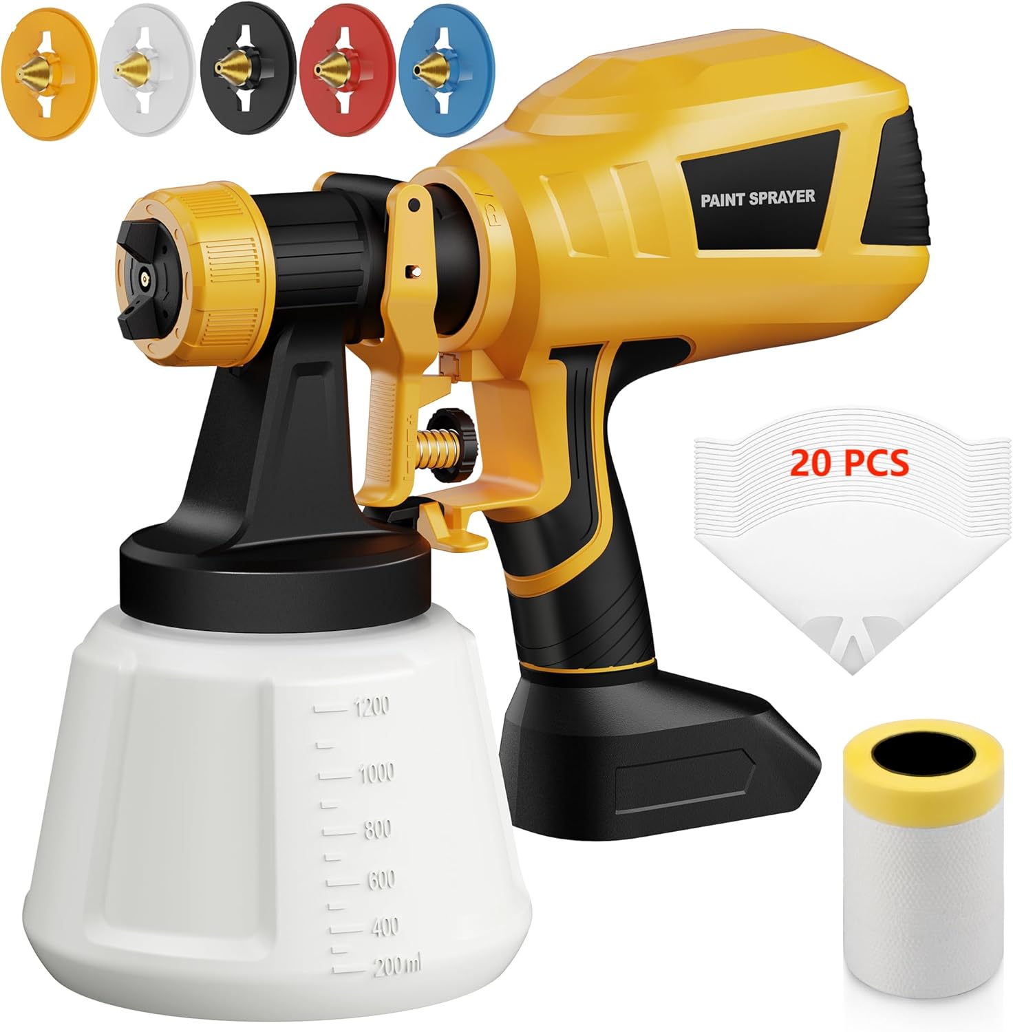 cordless paint sprayer compatible with dewalt 20v max battery, spray paint guns with 5 copper nozzles, electric spray gun for house painting, paint sprayers for walls indoor, fence (tool only)