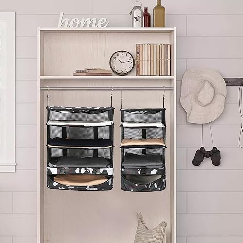 Miniatura 7 de Estantes colgantes de viaje, organizadores plegables de equipaje para equipaje de mano, accesorios de viaje con 2 ganchos (camuflaje-L).