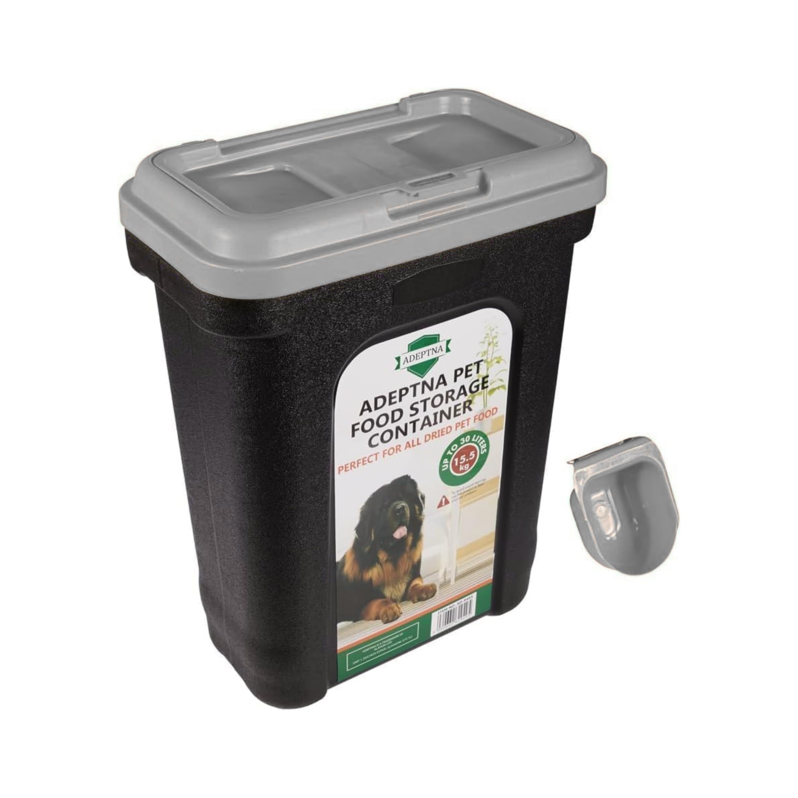 ADEPTNA Large 30L Pet Food Storage Container Flip Top Locking System with Integrated Scoop – Airtight Pet Dog Cat Animal Birds Dry Food Dispenser Bin (GREY LID)