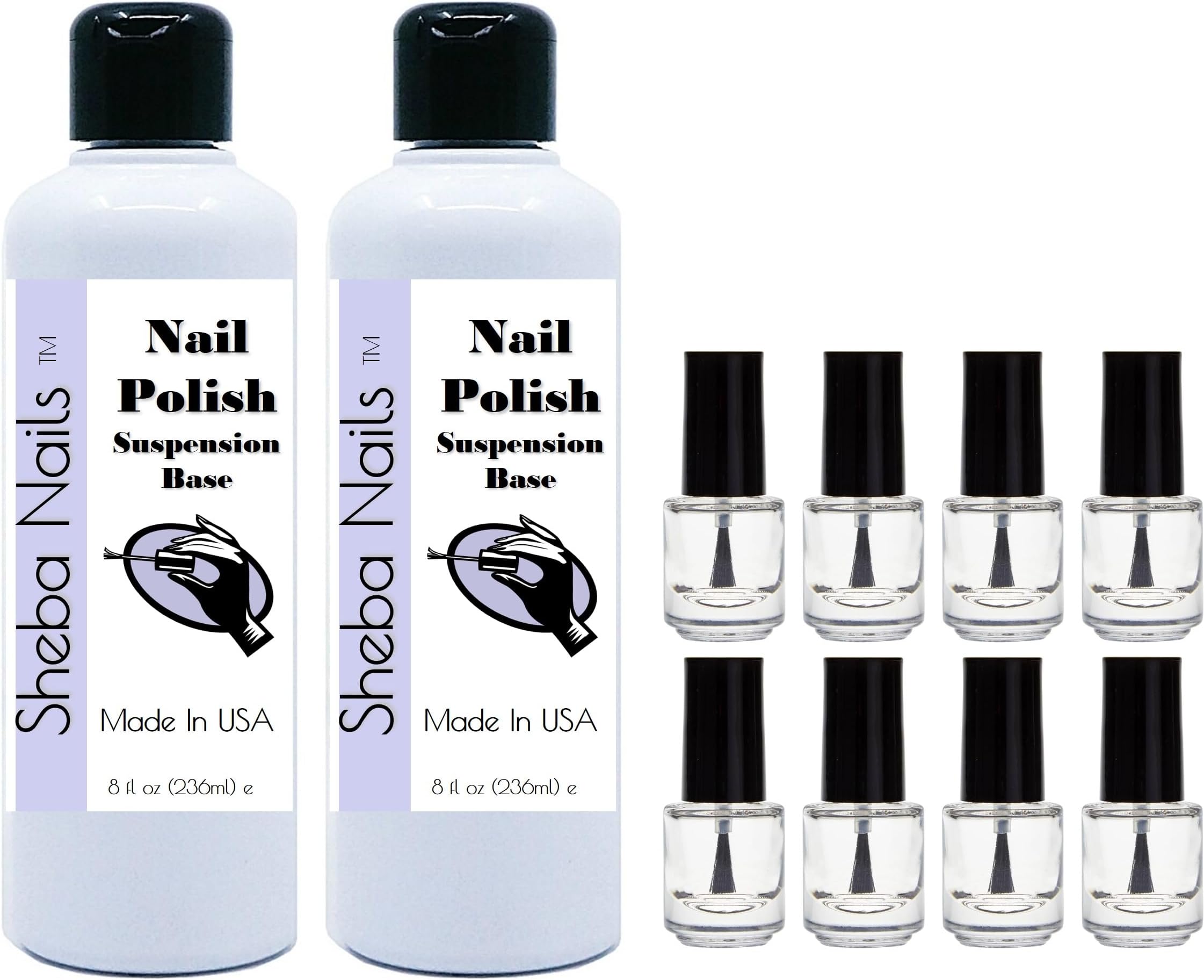 Nail Polish Mixing Suspension Base 2 Pack of 8 oz (16 oz total) PLUS 8 count Mini Empty Nail Polish Bottles- DIY Make Your Own Nail Polish with Suspending Nail Polish Base
