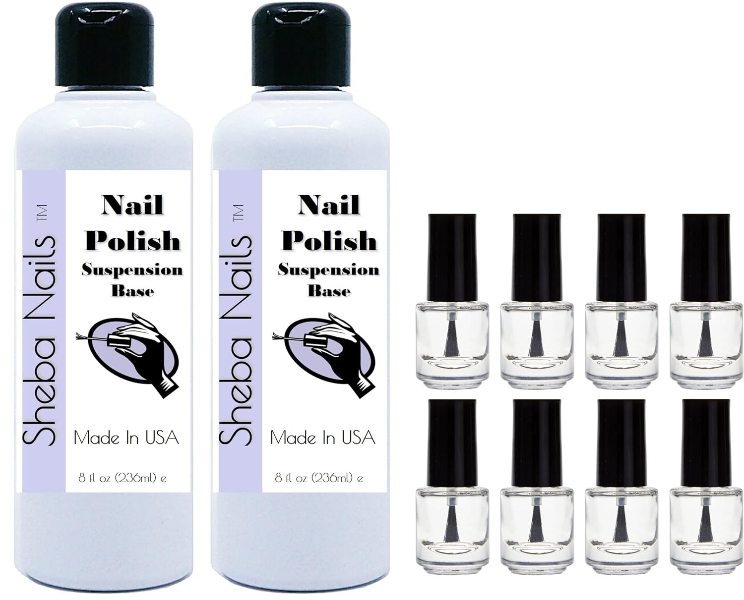 Sheba Nails Nail Polish Mixing Suspension Base 2 Pack of 8 oz (16 oz total) PLUS 8 count Mini Empty Nail Polish Bottles- DIY Make Your Own Nail Polish with Suspending Nail Polish Base
