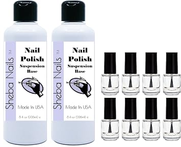 Sheba Nails Nail Polish Mixing Suspension Base 2 Pack of 8 oz 16 oz total PLUS 8 count Mini Empty Nail Polish Bottles- DIY Make Your Own Nail Polish with Suspending Nail Polish Base