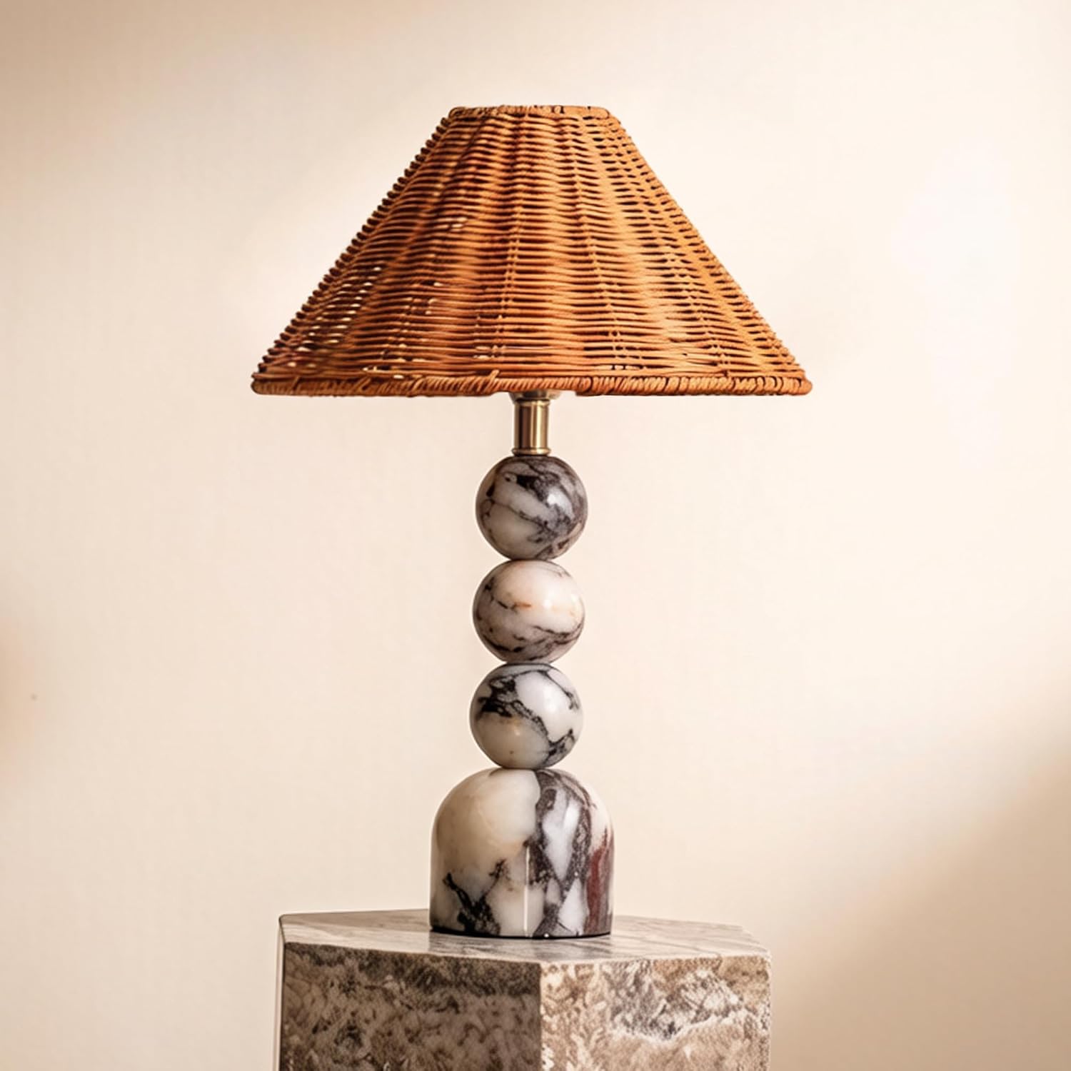 Calacatta Marble Stacked Ball Table Lamp - Hand-Woven Rattan Shade, 15" Stone Margot Artistic Vintage Lamp Luxury for Bedroom Living Room, Counter, Console, Entryway, Gift (Calacatta Viola Marble)