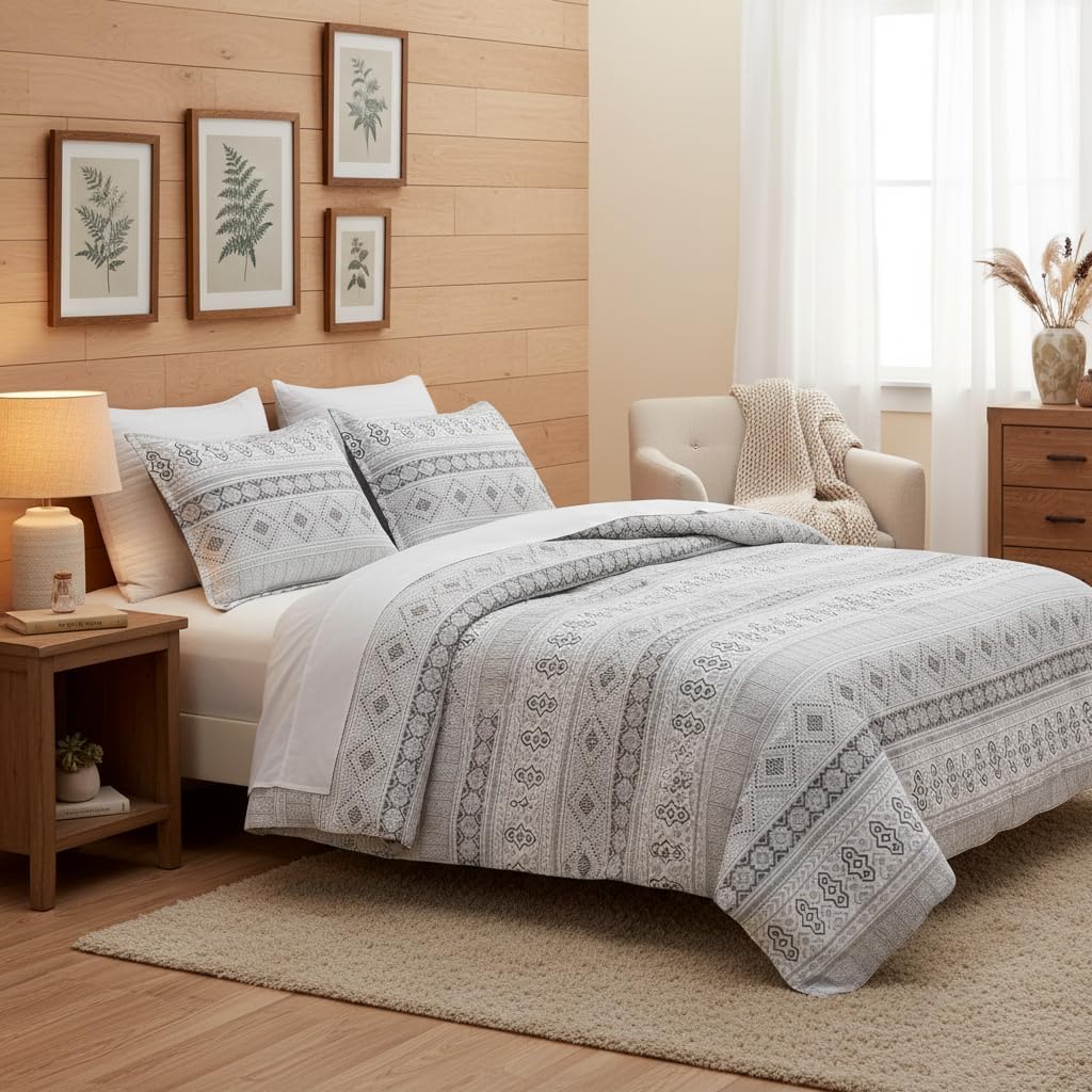 SLEEP ZONE Boho Duvet Cover Set Queen, 3 Pieces, Soft Jacquard, Gray | Artistic design for unique artistic home style. Ultra soft breathable fabric. Hidden zipper and 8 interior corner ties.